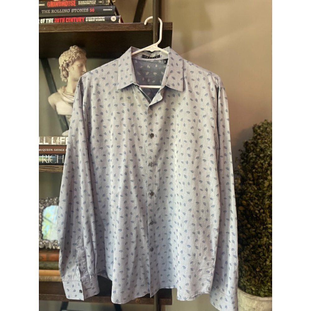 Theory Long Sleeve Collared Printed Button Up Shirt Blue Mens Size Large